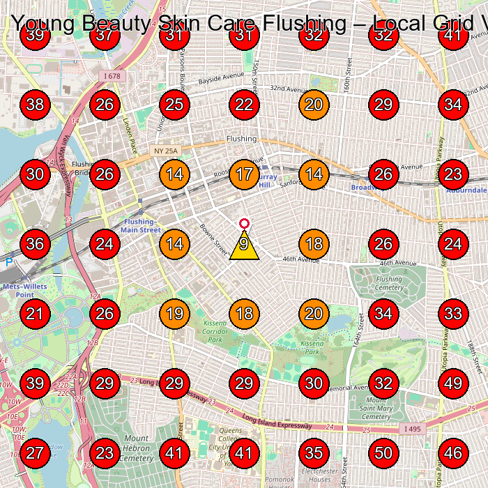 Young Beauty Skin Care Flushing GeoGrid visibility map for Medical Spa in Queens